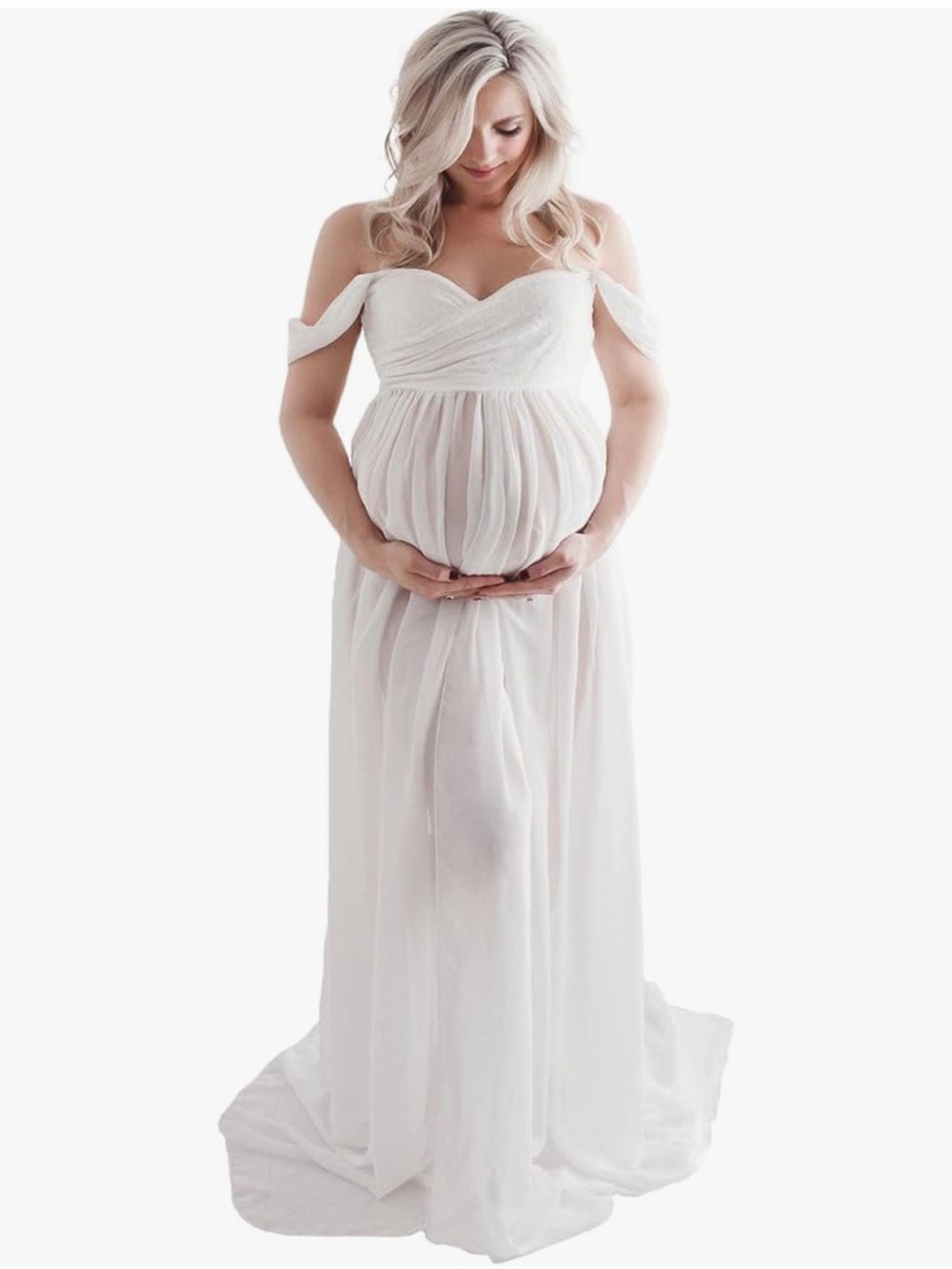 Off-Shoulder White Maternity Gown - Elegant Pregnancy Photo Dress